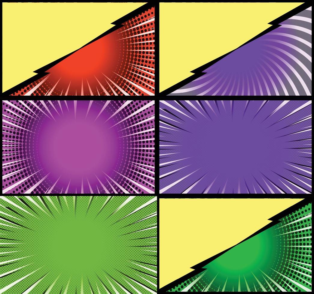 Comic book colorful frames background with halftone rays radial and dotted effects pop art style vector