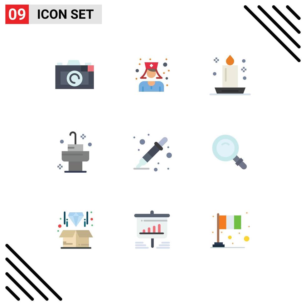 paquete de 9 signos y símbolos modernos de colores planos para medios de impresión web, como elementos de diseño de vectores editables para el baño del selector de color de la cena del liquidador