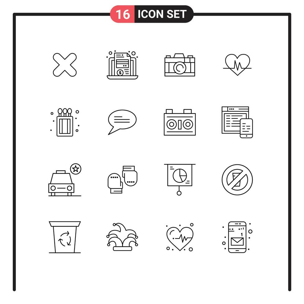 Set of 16 Vector Outlines on Grid for match box camping camera pulse heart Editable Vector Design Elements