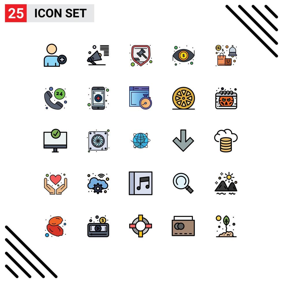 Set of 25 Commercial Filled line Flat Colors pack for alert look court eye protection Editable Vector Design Elements