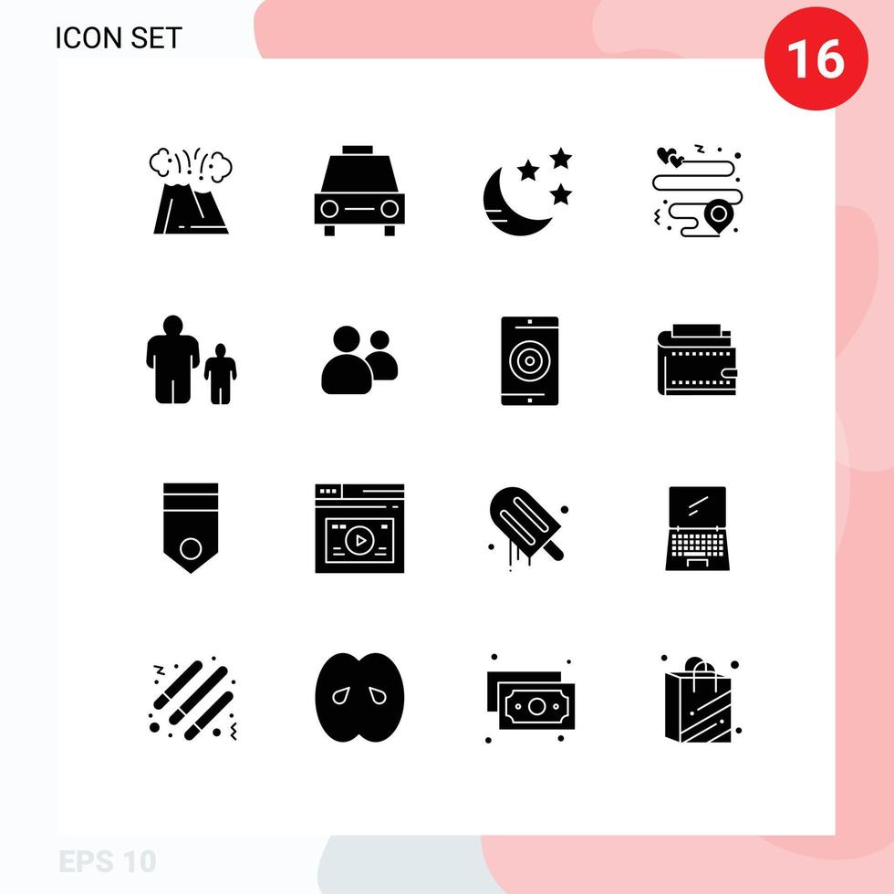 Modern Set of 16 Solid Glyphs and symbols such as family pin transport location night Editable Vector Design Elements