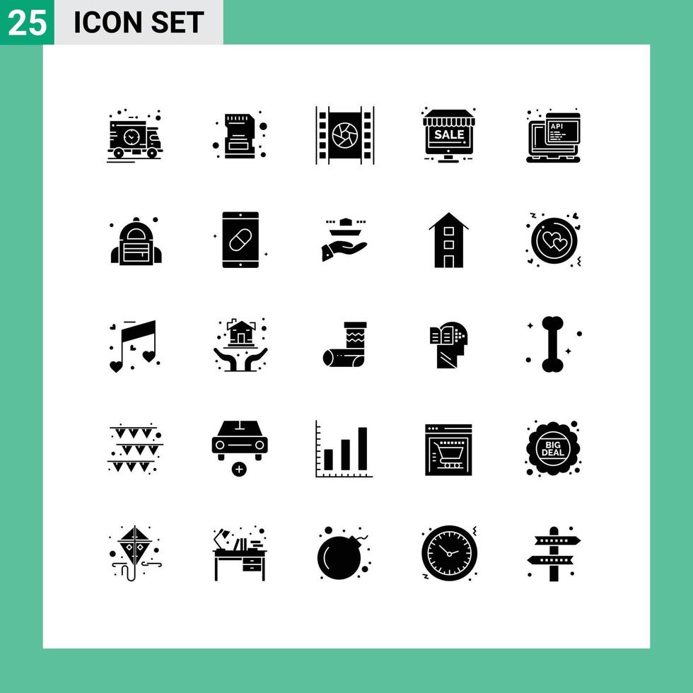 Pack of 25 creative Solid Glyphs of javascript shop film sale monitor Editable Vector Design Elements