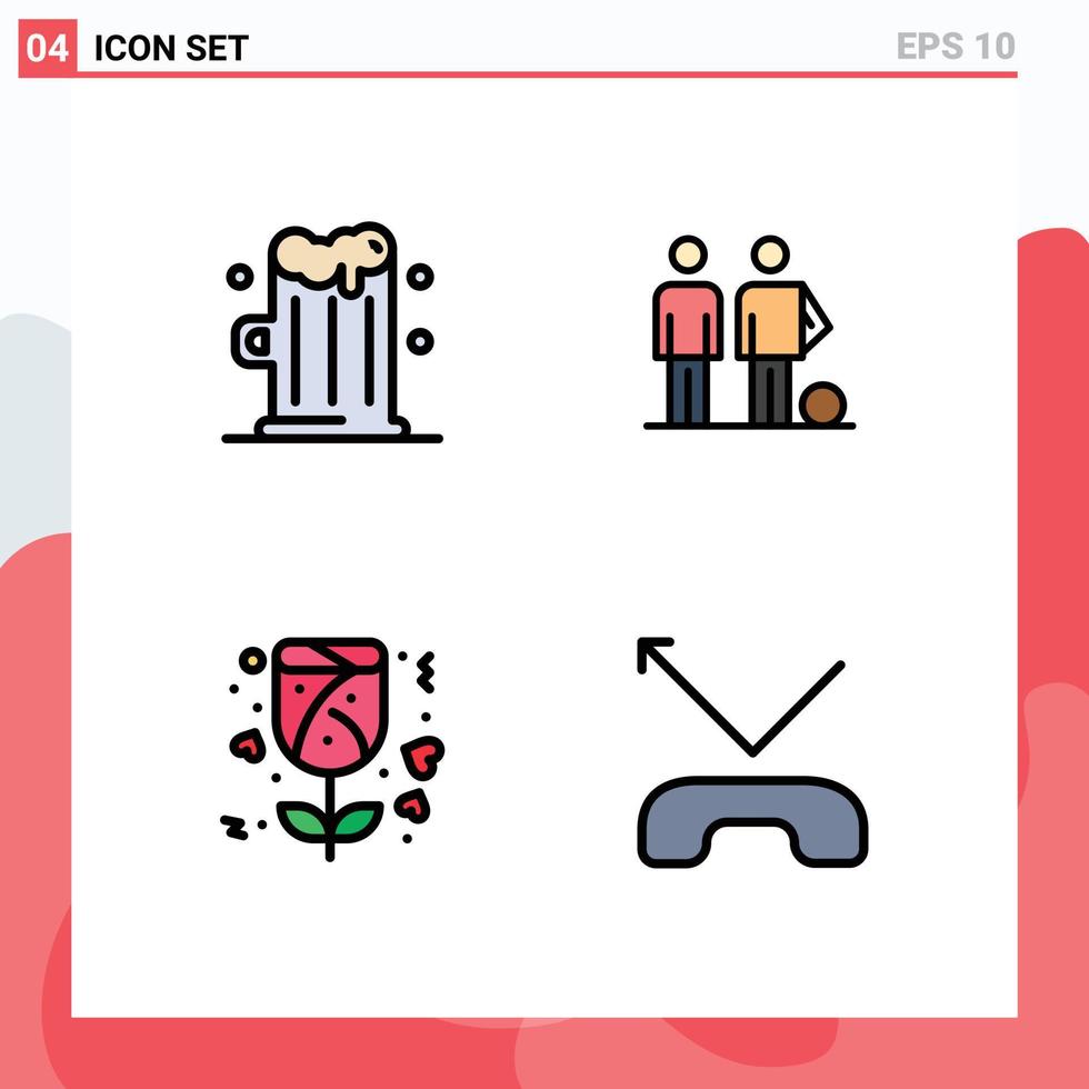 Mobile Interface Filledline Flat Color Set of 4 Pictograms of beer love amateur friends call Editable Vector Design Elements