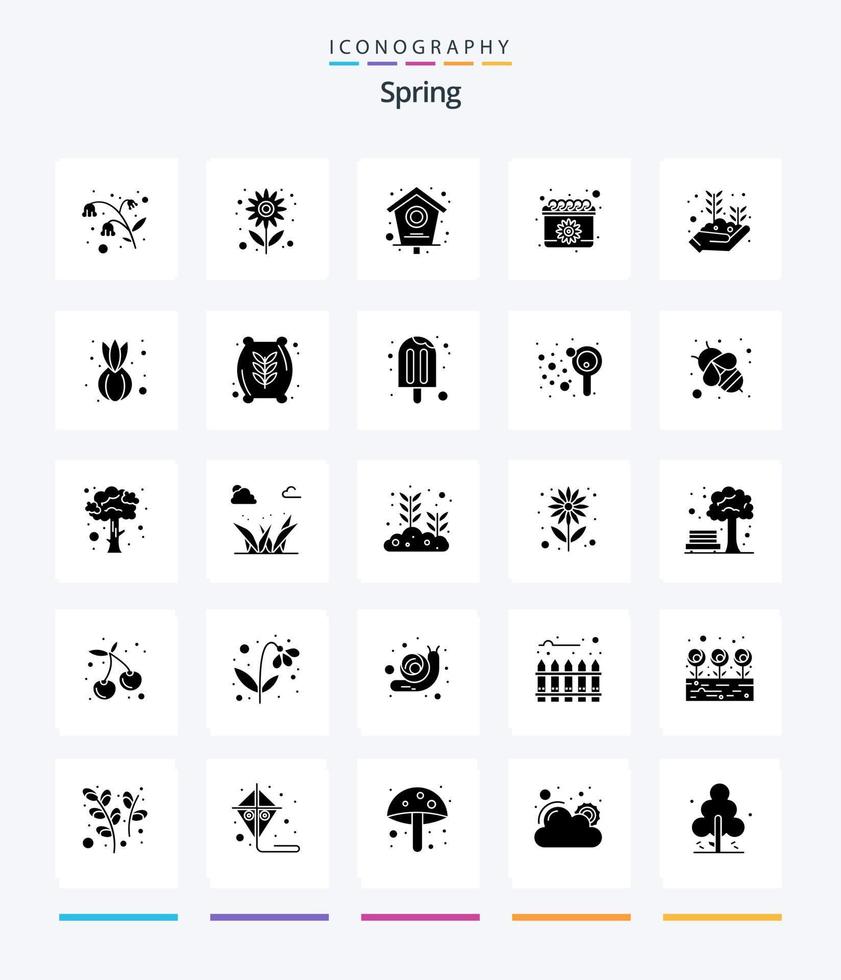 paquete de iconos de color negro sólido de 25 glifos de primavera creativa, como hoja. fecha. pájaro. primavera. calendario vector