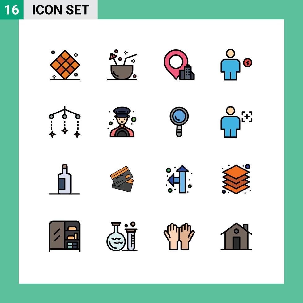 Pack of 16 Modern Flat Color Filled Lines Signs and Symbols for Web Print Media such as human electricity summer body hotel Editable Creative Vector Design Elements