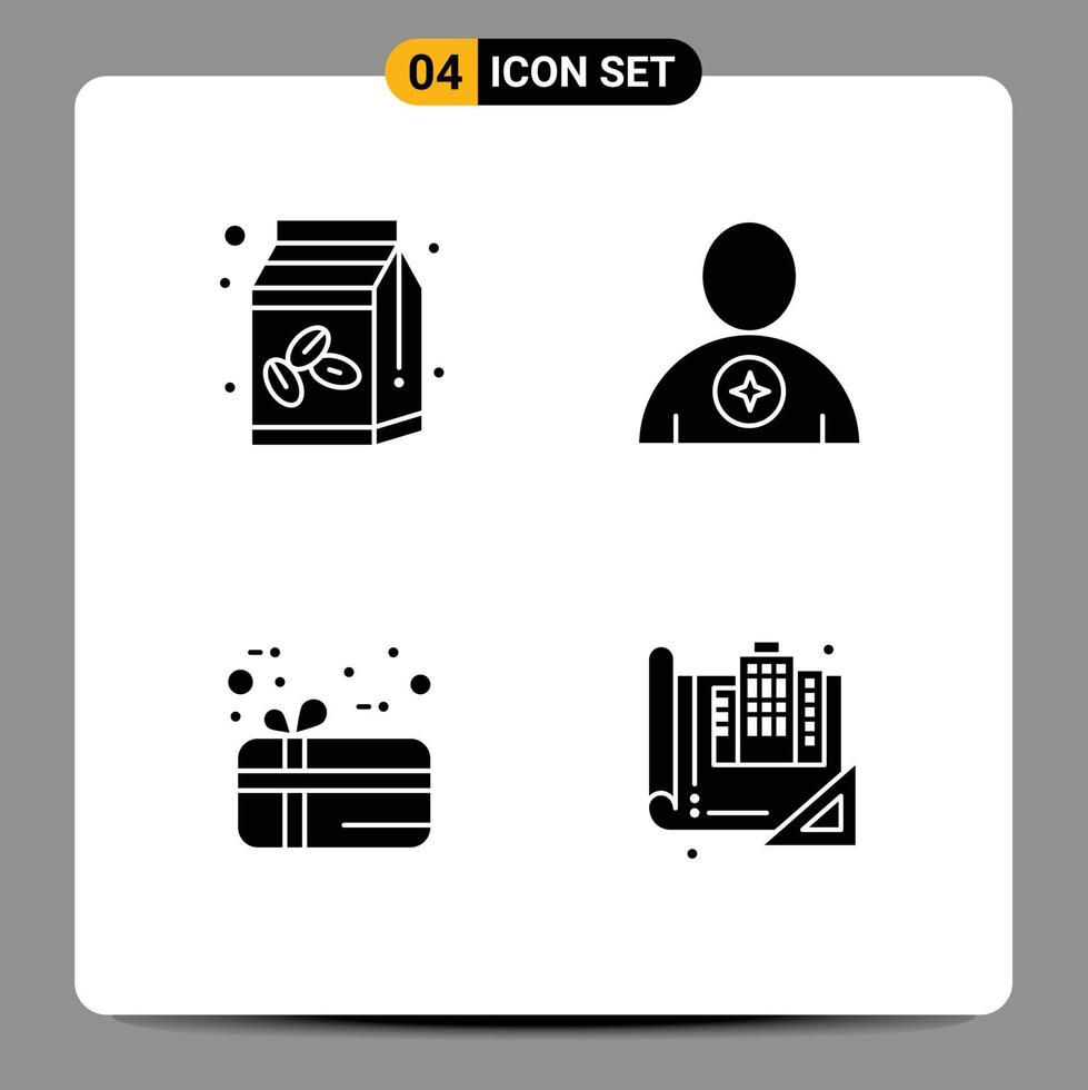 Universal Icon Symbols Group of 4 Modern Solid Glyphs of coffee gift bean booked present Editable Vector Design Elements