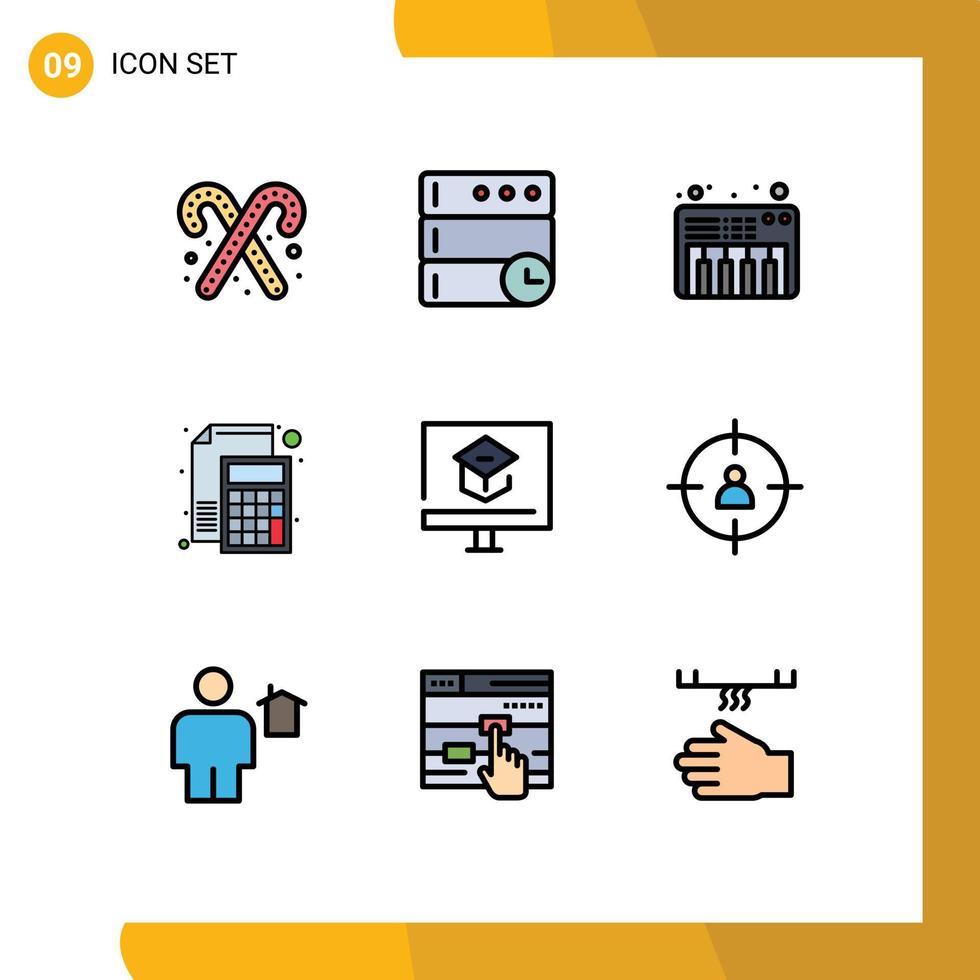 Pack of 9 Modern Filledline Flat Colors Signs and Symbols for Web Print Media such as learning education piano paper file Editable Vector Design Elements