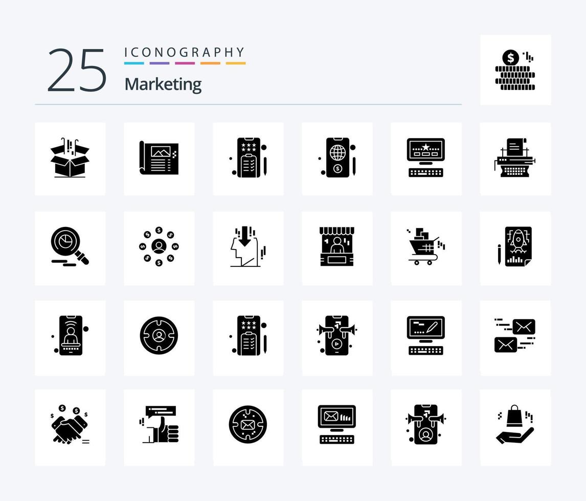 Marketing 25 Solid Glyph icon pack including computer. globe. sketch. mobile. notepad vector