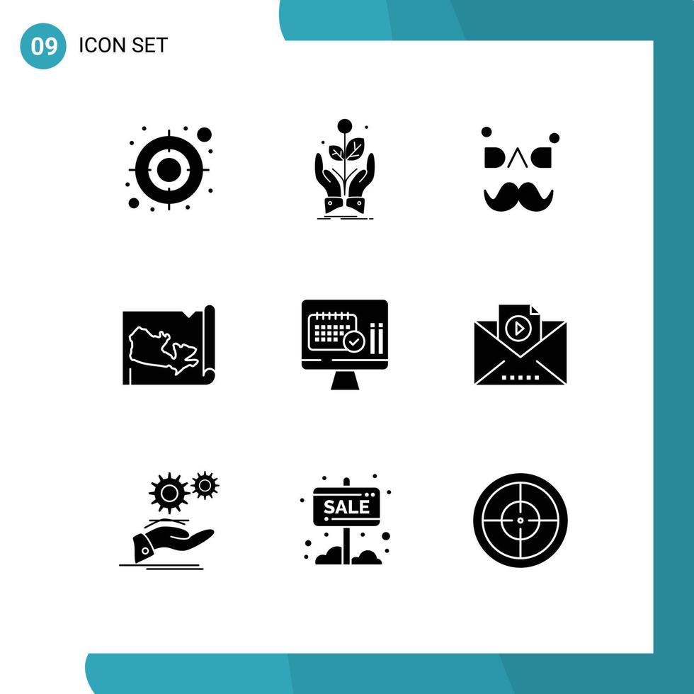 Modern Set of 9 Solid Glyphs and symbols such as date medical dad canada map Editable Vector Design Elements