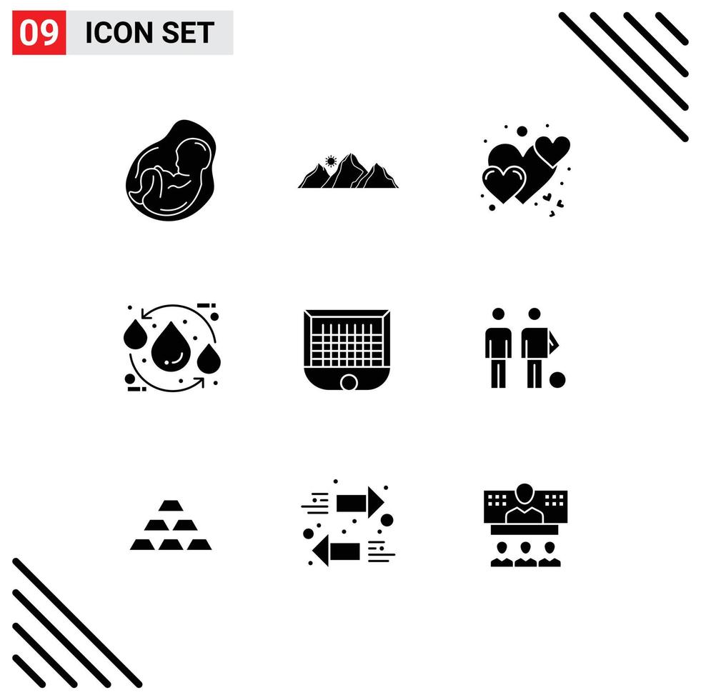 Solid Glyph Pack of 9 Universal Symbols of recycle eco mountain drop romantic Editable Vector Design Elements