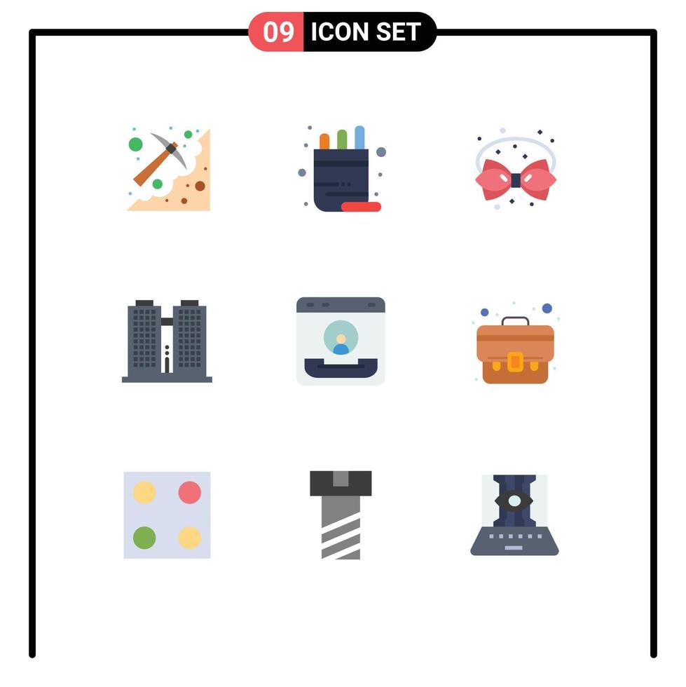 Pack of 9 Modern Flat Colors Signs and Symbols for Web Print Media such as work office pencil building decoration Editable Vector Design Elements