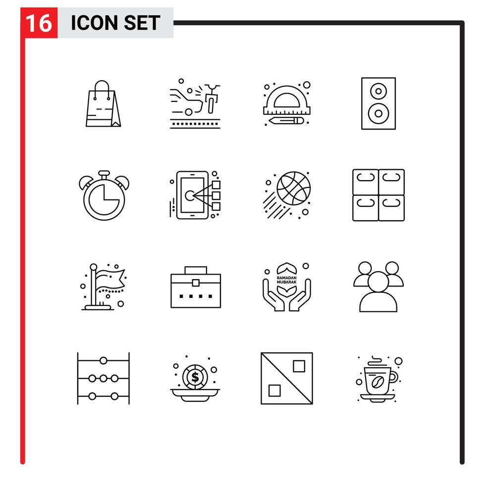 Pack of 16 Modern Outlines Signs and Symbols for Web Print Media such as clock technology education speaker electronics Editable Vector Design Elements