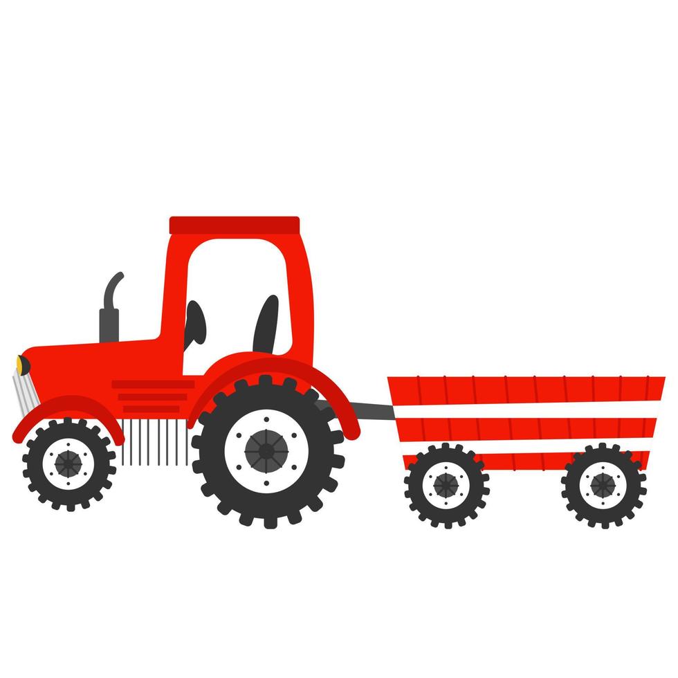 tractor rojo en estilo de dibujos animados aislado sobre fondo blanco, transporte agrícola, concepto de estilo de vida rural para libros infantiles o carteles vector