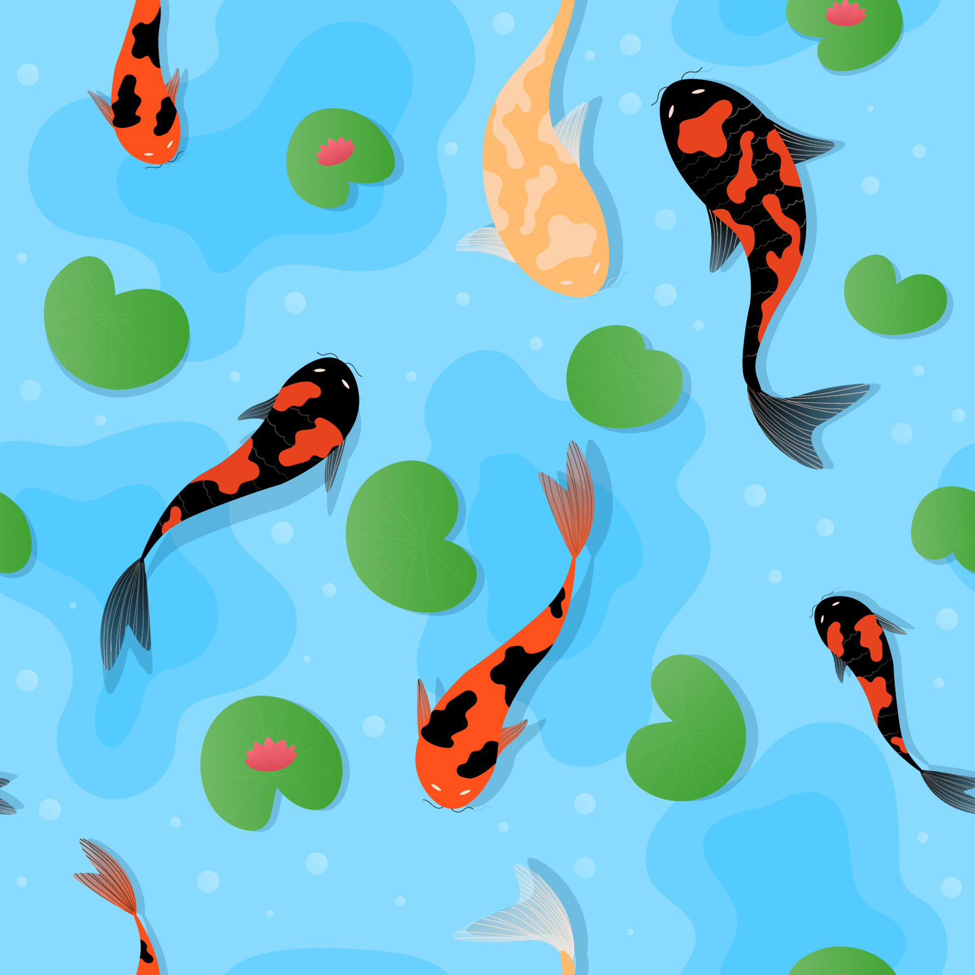 Seamless pattern with koi carps and lotus in water, japanese culture