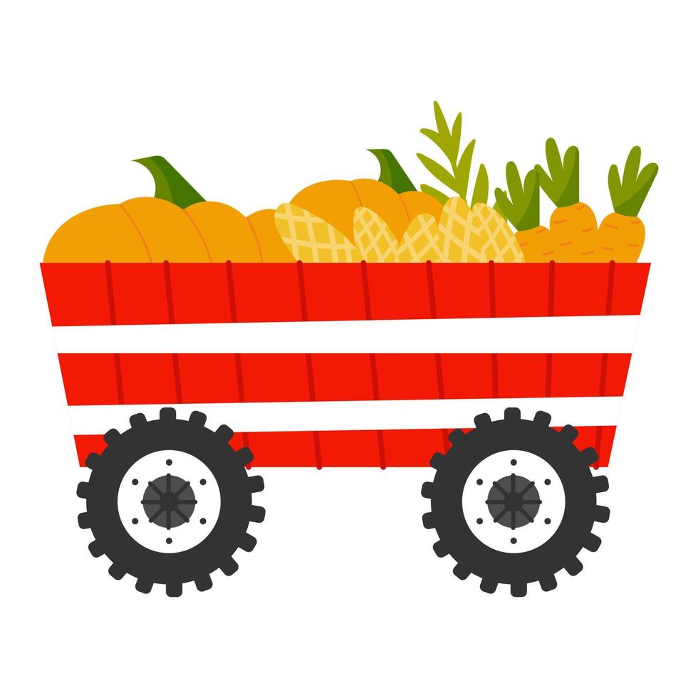 remolque rojo con verduras en estilo de dibujos animados aislado sobre fondo blanco, transporte agrícola, concepto de estilo de vida rural para libros infantiles o carteles vector