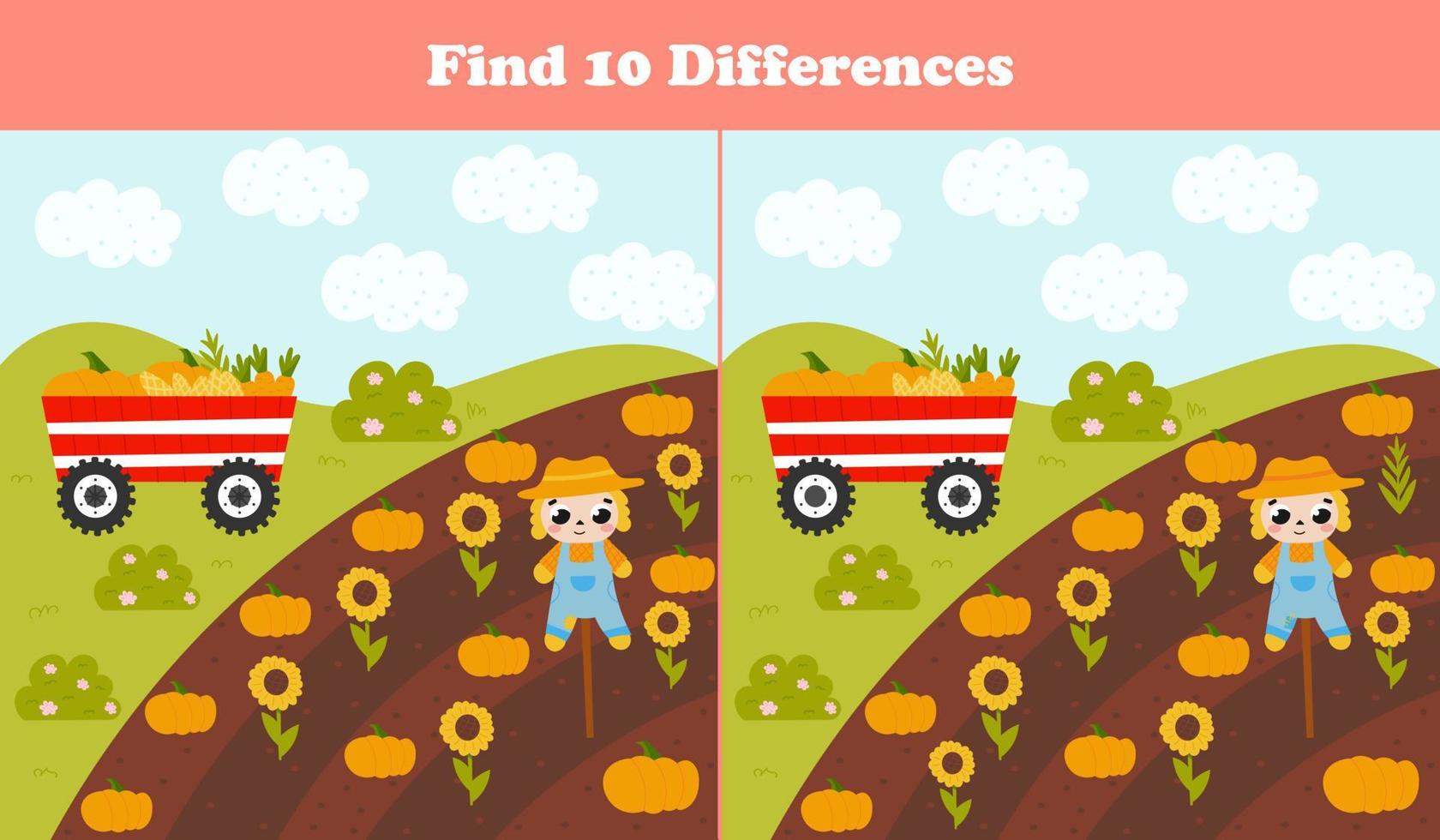 Find differences game for kids with scarecrow and field of sunflower and pumpkin harvest, farm landscape vector