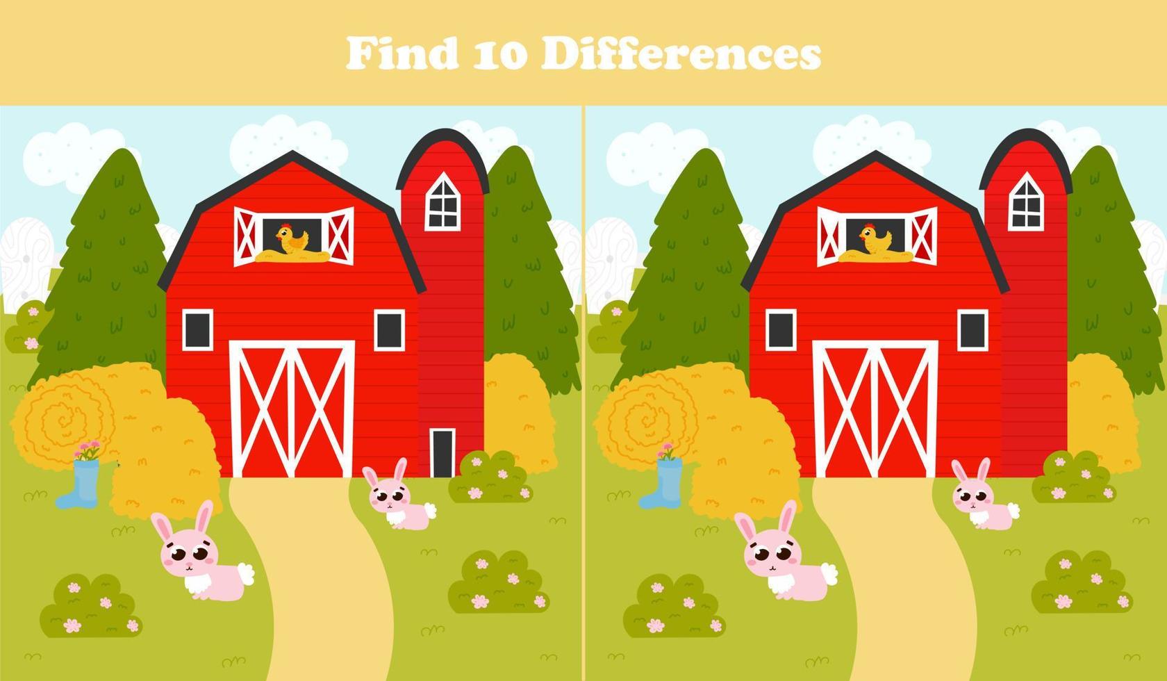 Find differences game for kids with barn and haystacks, rabbits, farm landscape in cartoon style, printable vector