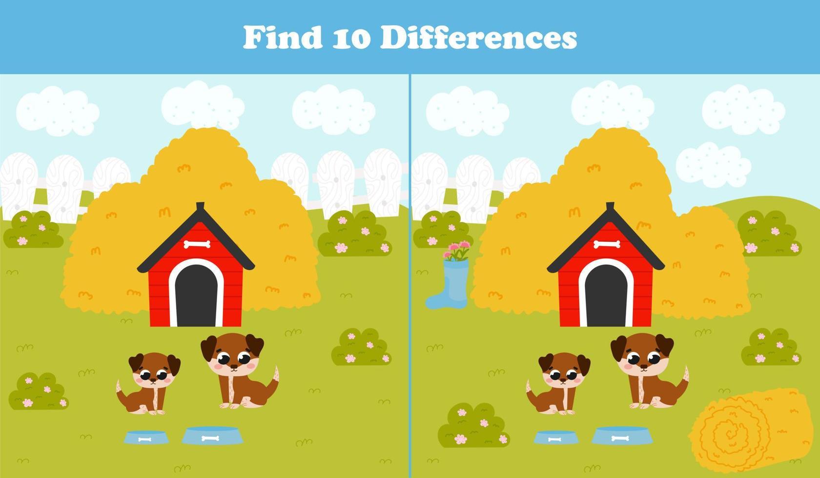 Find differences game for kids with dog family and house, haystacks, farm landscape in cartoon style vector