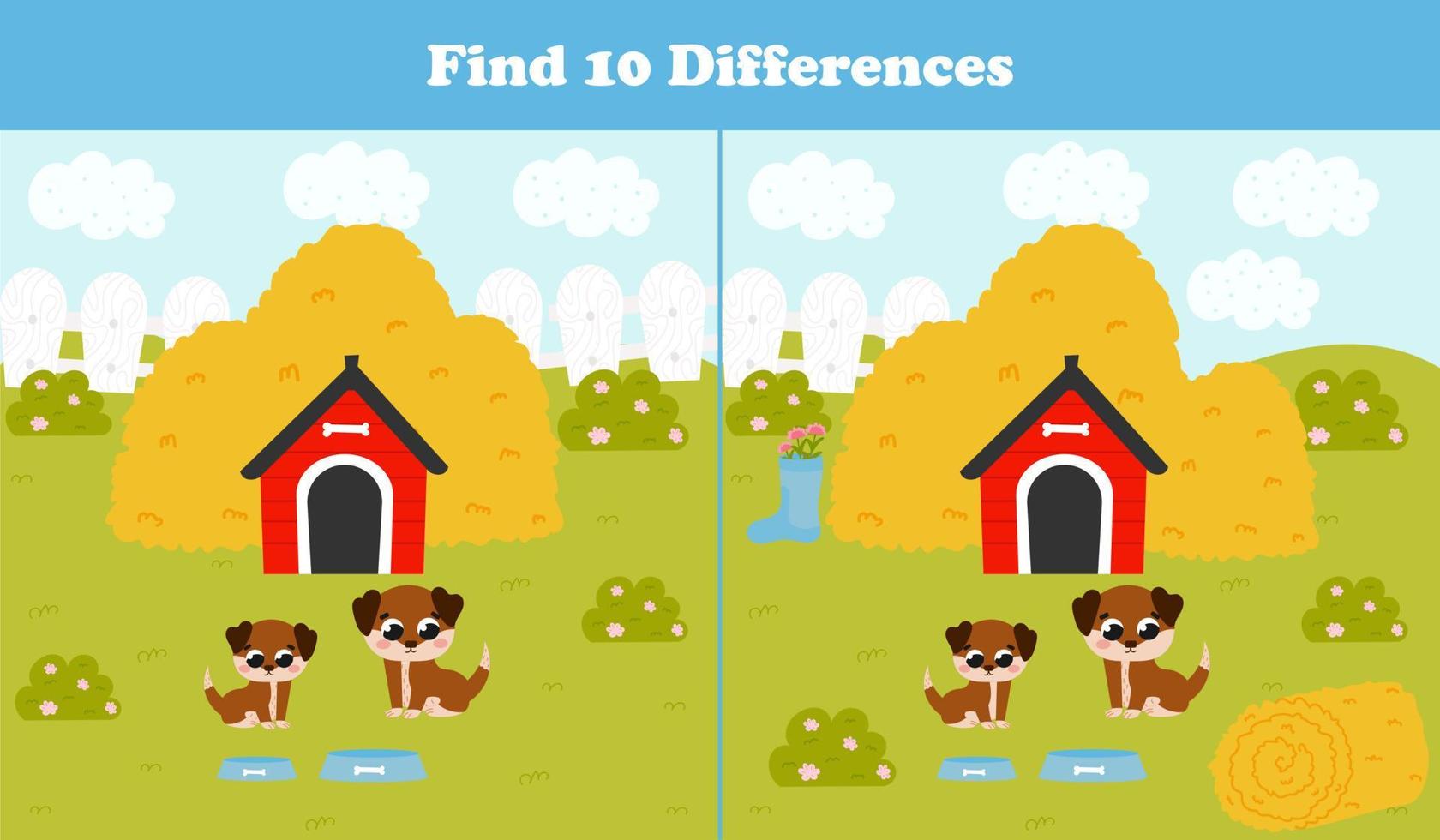 encuentra el juego de diferencias para niños con familia de perros y casa, pajares, paisaje de granja en estilo de dibujos animados vector