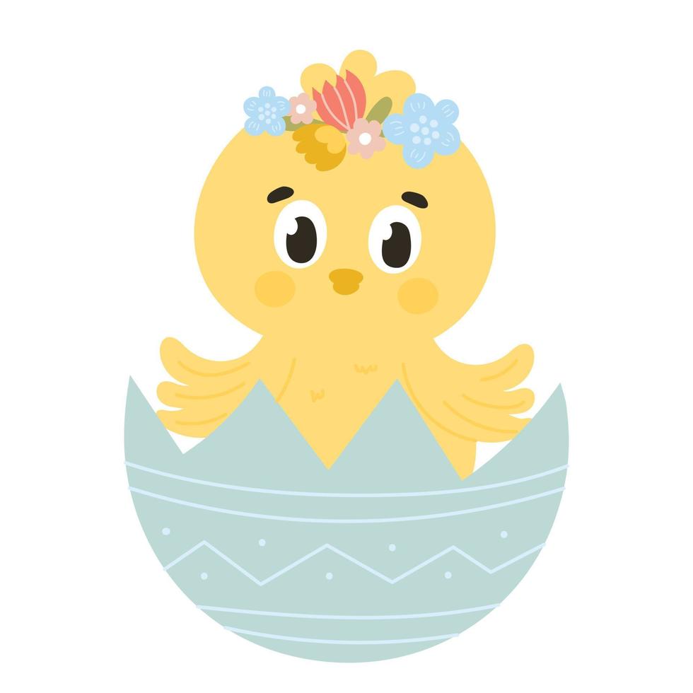 Cute Easter chick character peeking out of egg with floral elements for kids illustration, design element for spring themed invitations vector