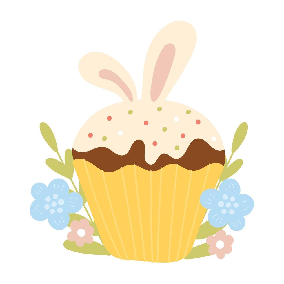 Cute easter cupcake with bunny ears in scandinavian style for decoration, floral design element vector