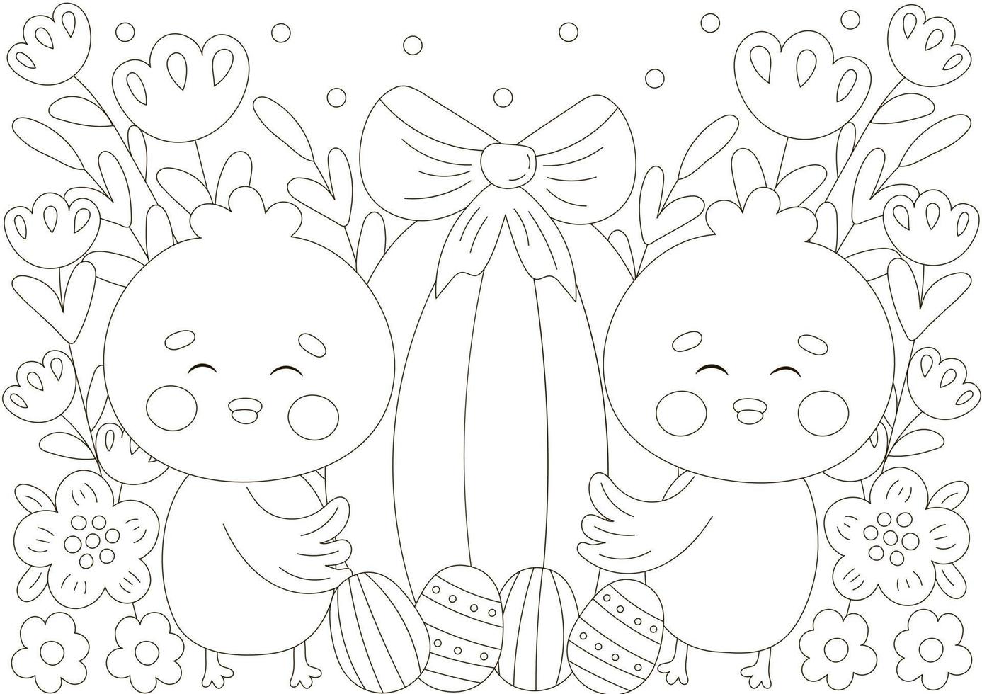 linda página para colorear para las vacaciones de pascua con personajes de pollitos sosteniendo un huevo con flores en estilo escandinavo, juego imprimible para niños vector