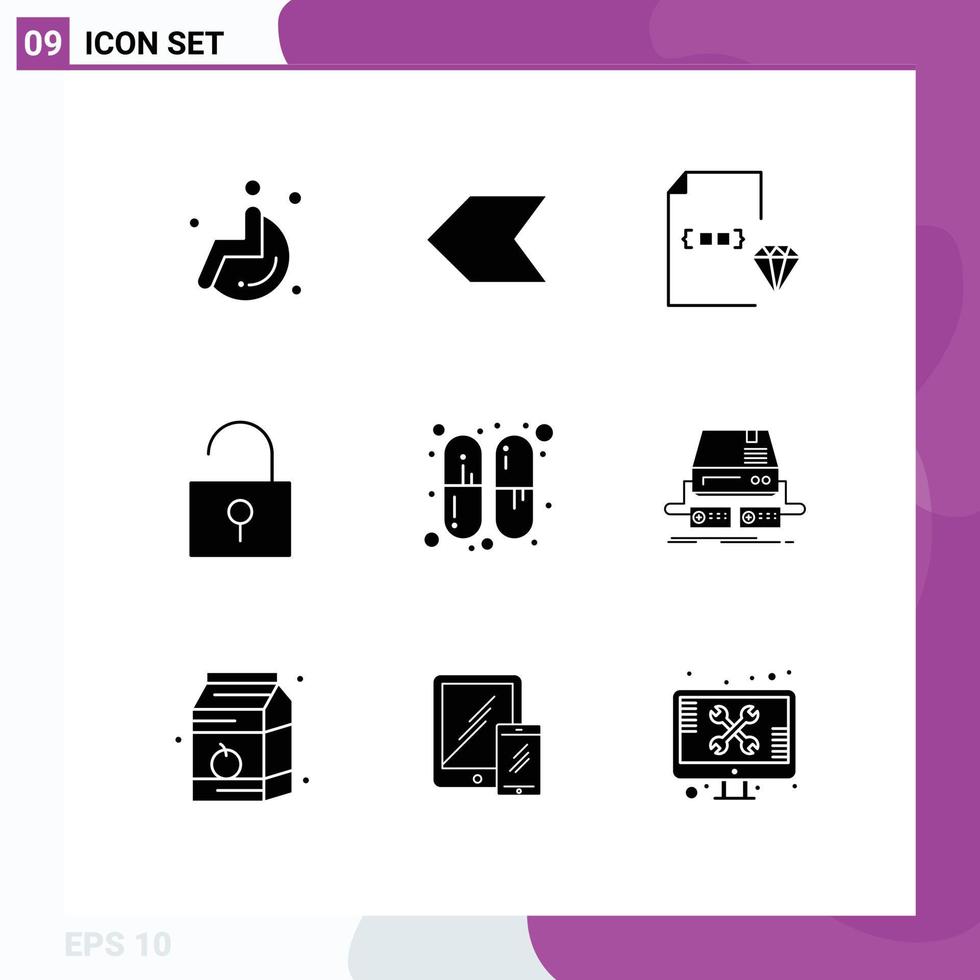 conjunto de pictogramas de 9 glifos sólidos simples de cápsula de desarrollo de medicina de consola elementos de diseño vectorial editables desbloqueados vector