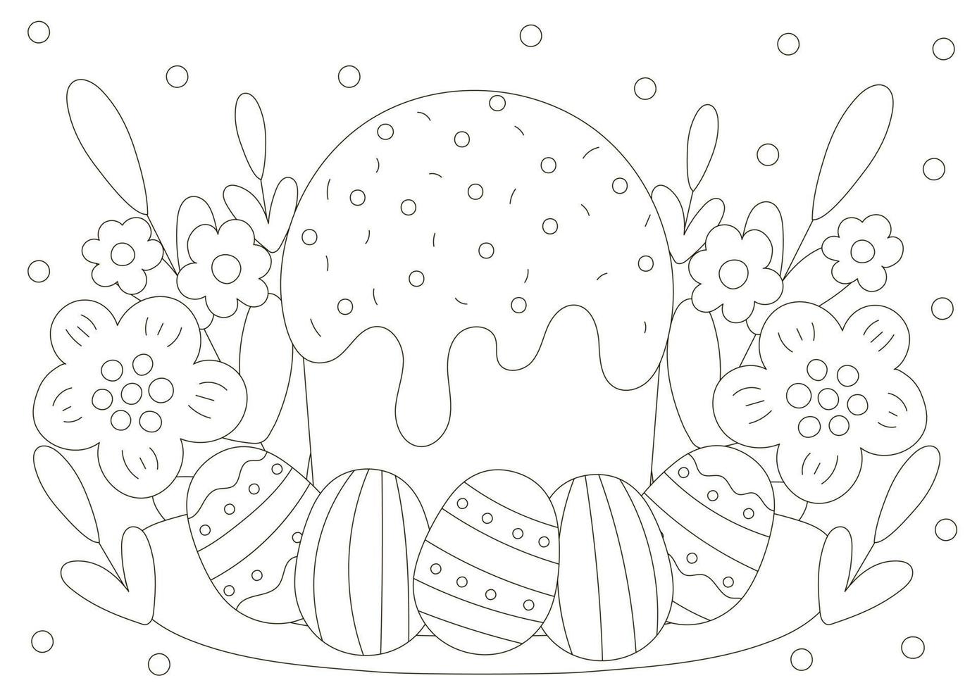 Cute coloring page for easter holidays with cake and eggs in scandinavian style, printable game vector