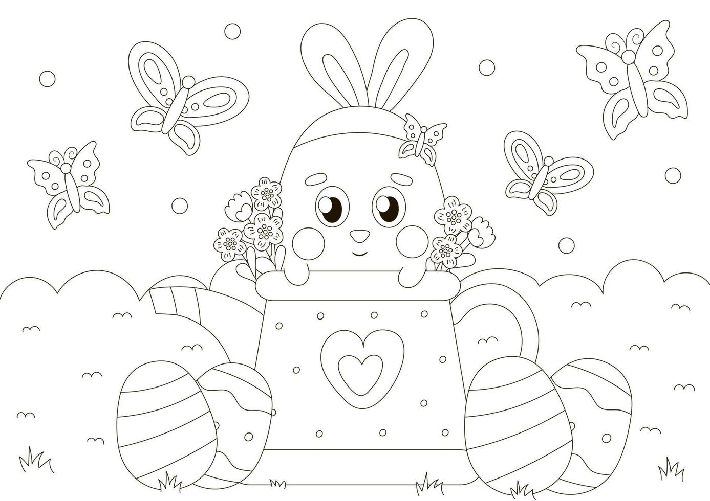 Cute coloring page for easter holidays with bunny character in watering can with flowers and butterflies in scandinavian style vector