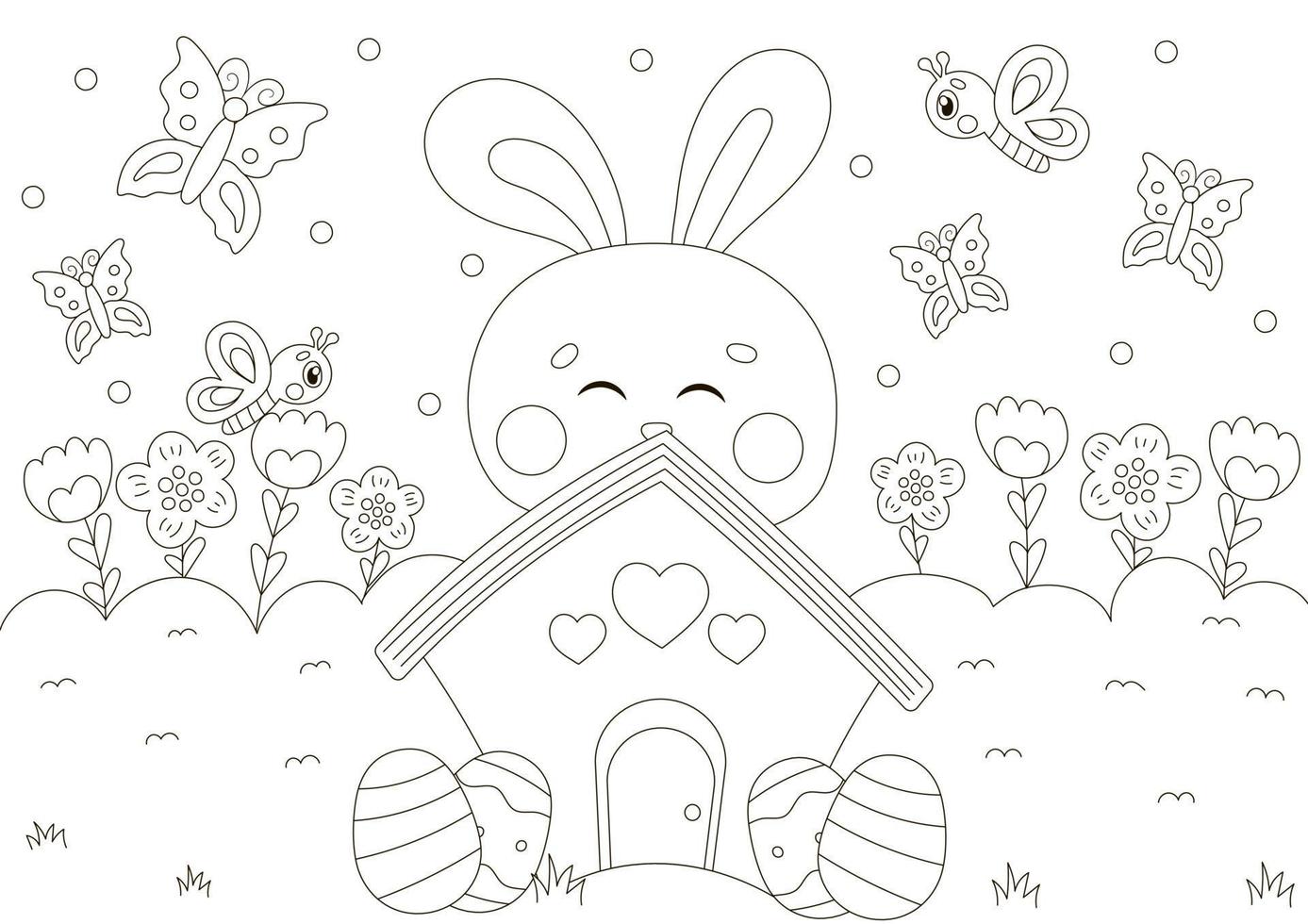 Cute coloring page for easter holidays with bunny character lying on house with easter eggs in scandinavian style vector