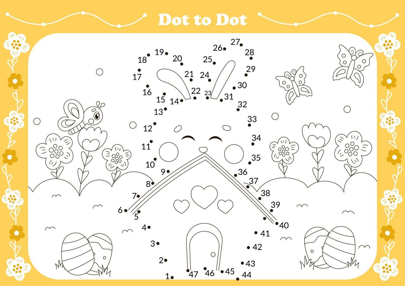 Cute dot to dot game for kids with easter theamed character - bunny with butterflies and flowers vector