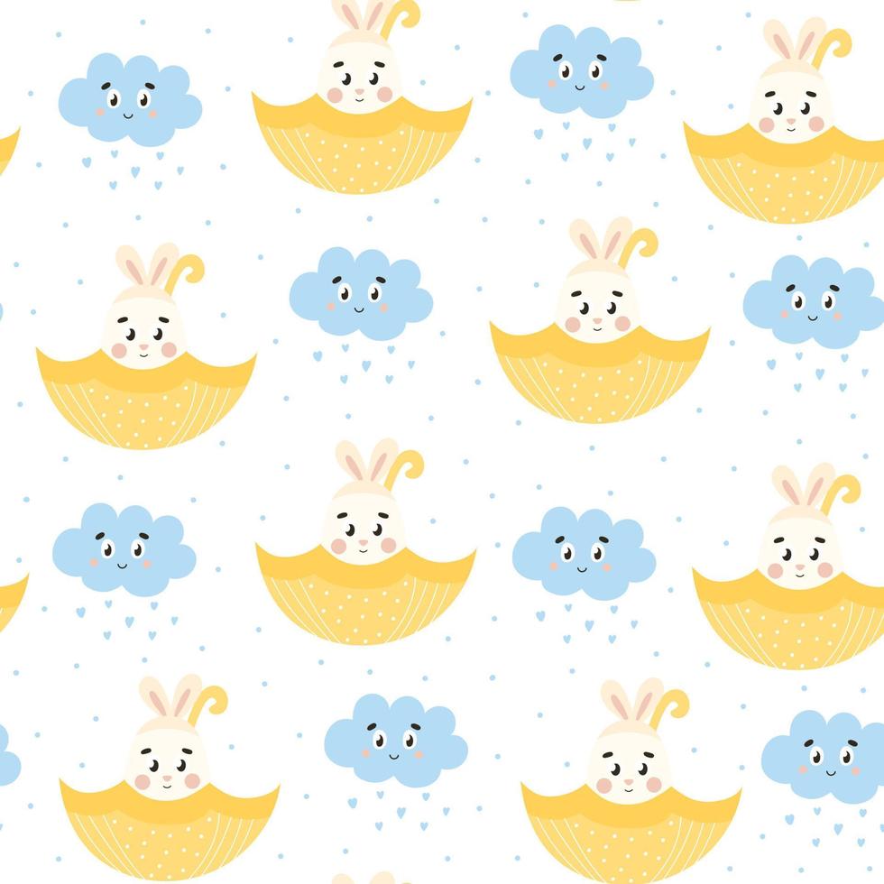 Cute springtime pattern with bunny in umbrella with flowers and rain on white background. vector