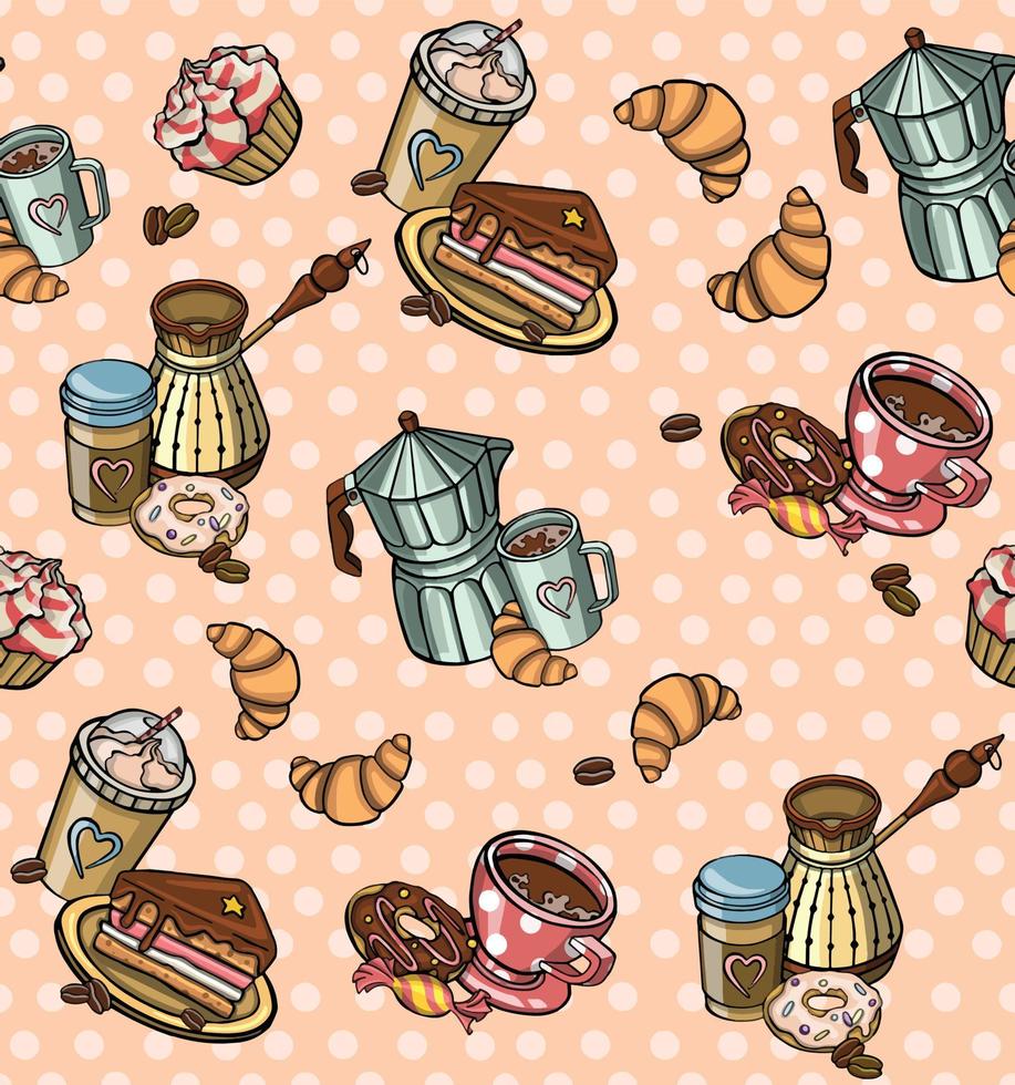 Pattern with cup of coffee, croissants ornament vector