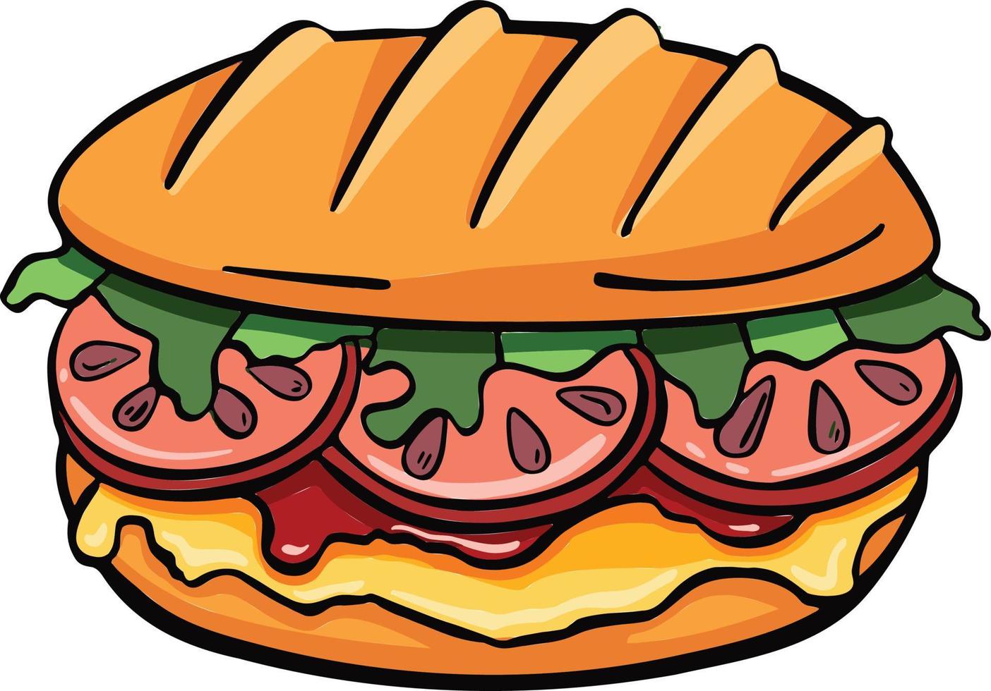 panini aislado sobre fondo blanco. diseño vectorial de sándwich italiano. icono de sándwich colorido. queso panini con verduras de jamón y salsa. famoso vector de comida rápida italiana.