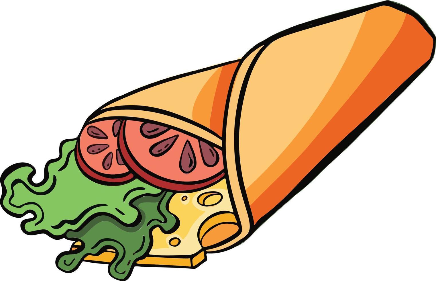 pollo, rollo de verduras, comida rápida. doner gebab, caricatura plana de shawarma. árabe, buritto de comida oriental, taco - comida mexicana. vector