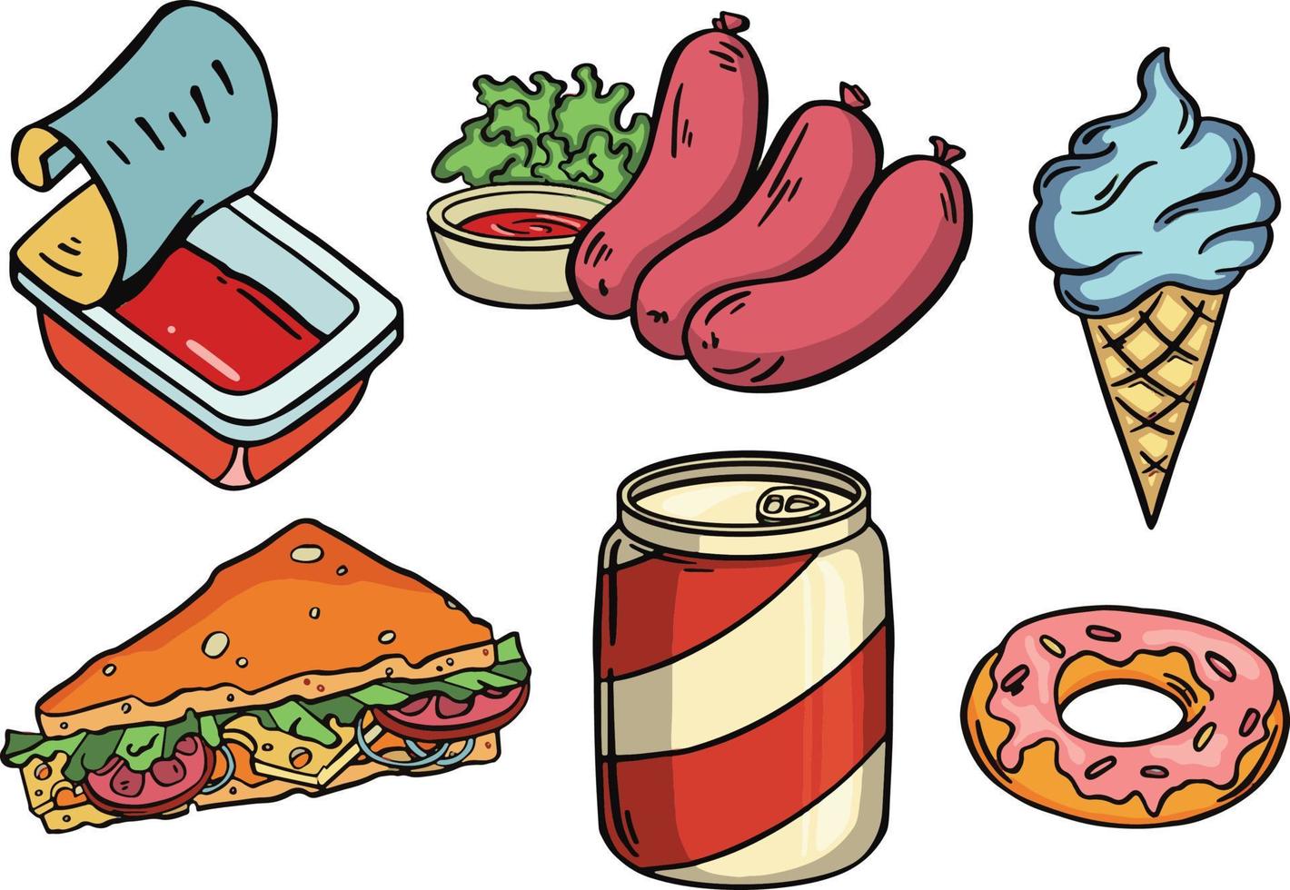 Fast food cartoon icon set. Hamburger, hot dog, shawarma, wok noodles, pizza and others for takeaway cafe design. Vector illustration of street food flat style.