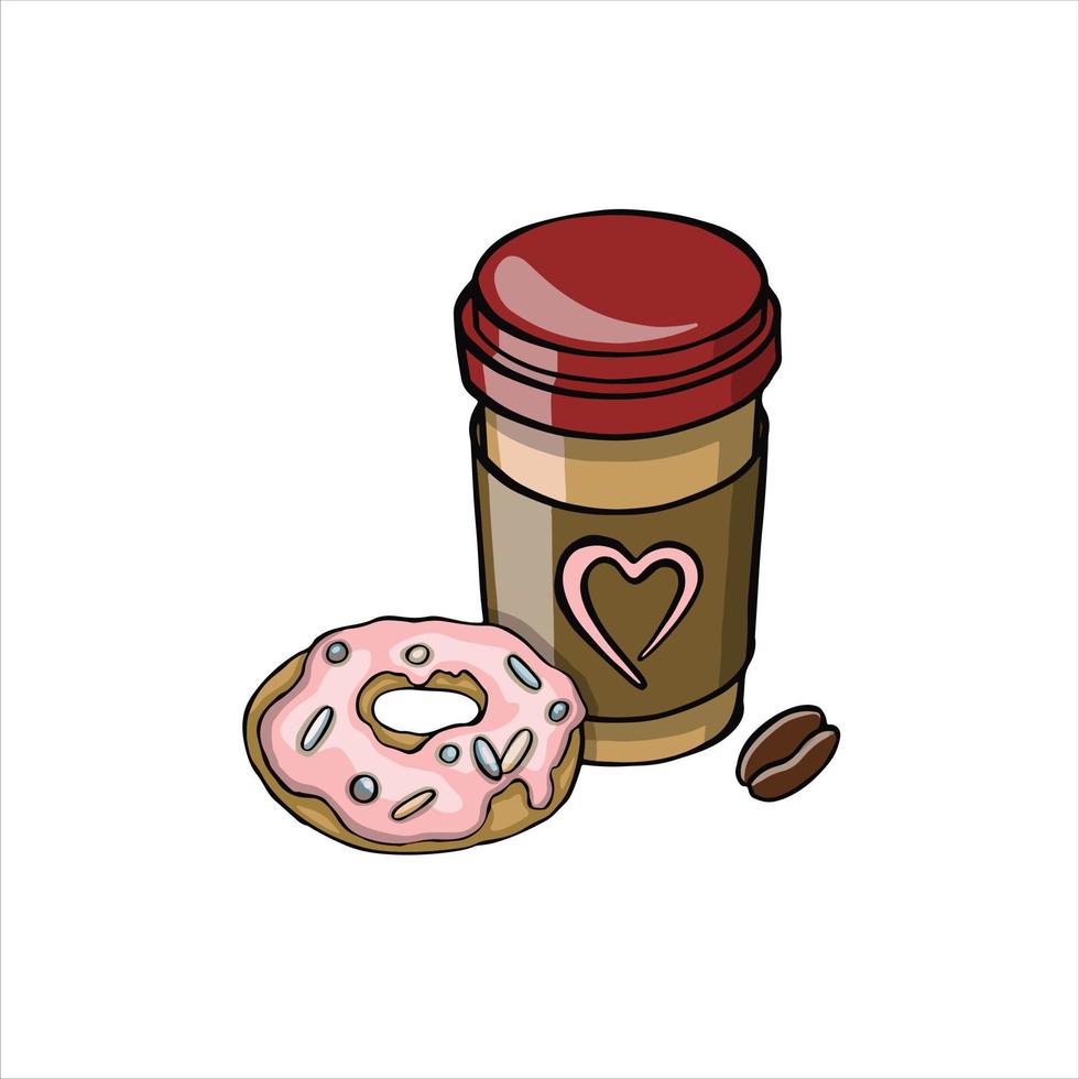 taza de café para llevar y donut ilustración vector