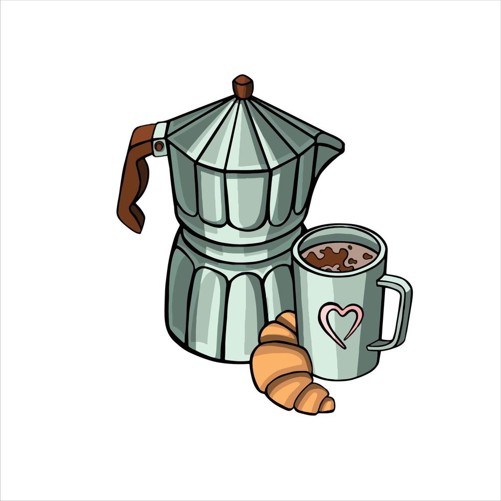 Coffee pot and cup of coffee with croissant  illustration vector
