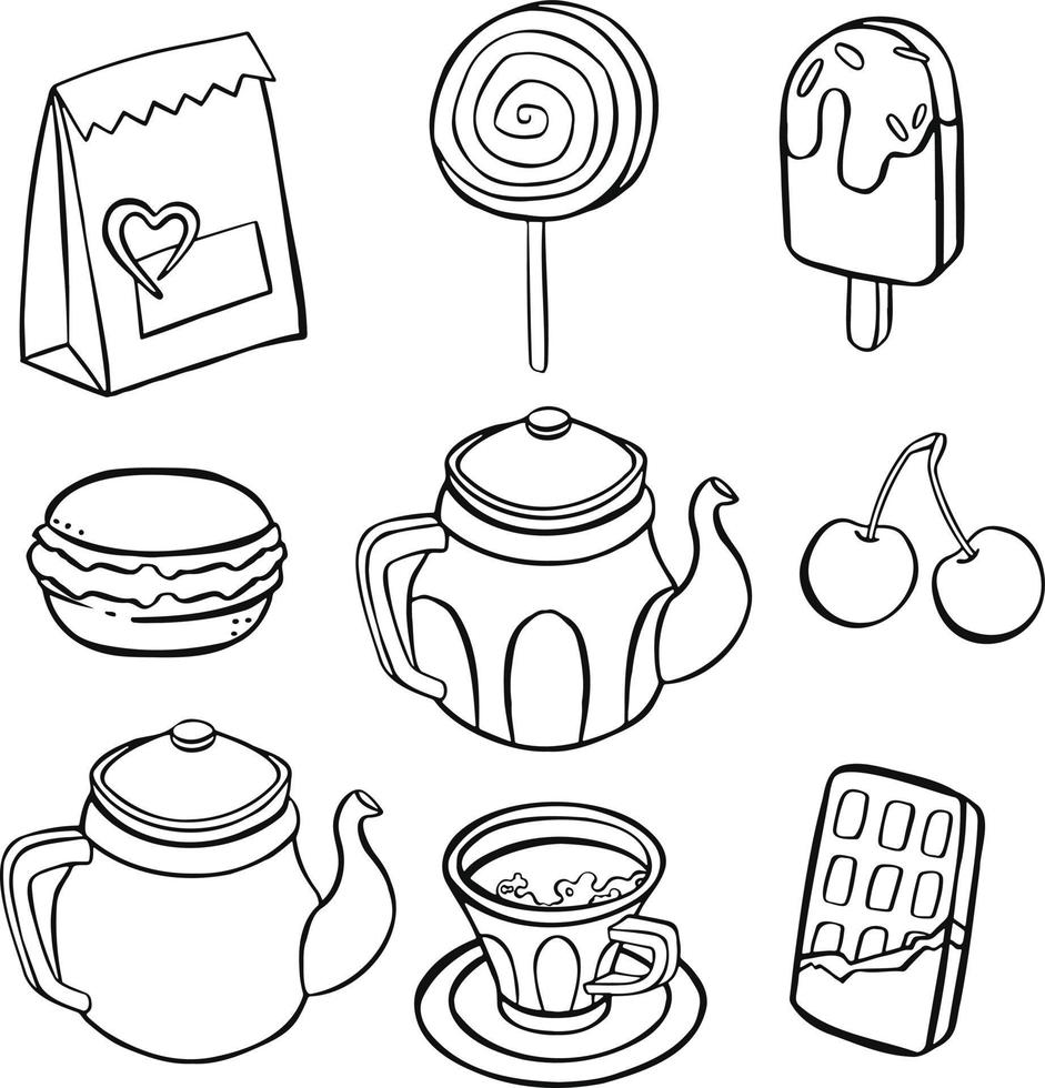 Set of various cups with tea or coffee, coffee pots, teapots.   vector line