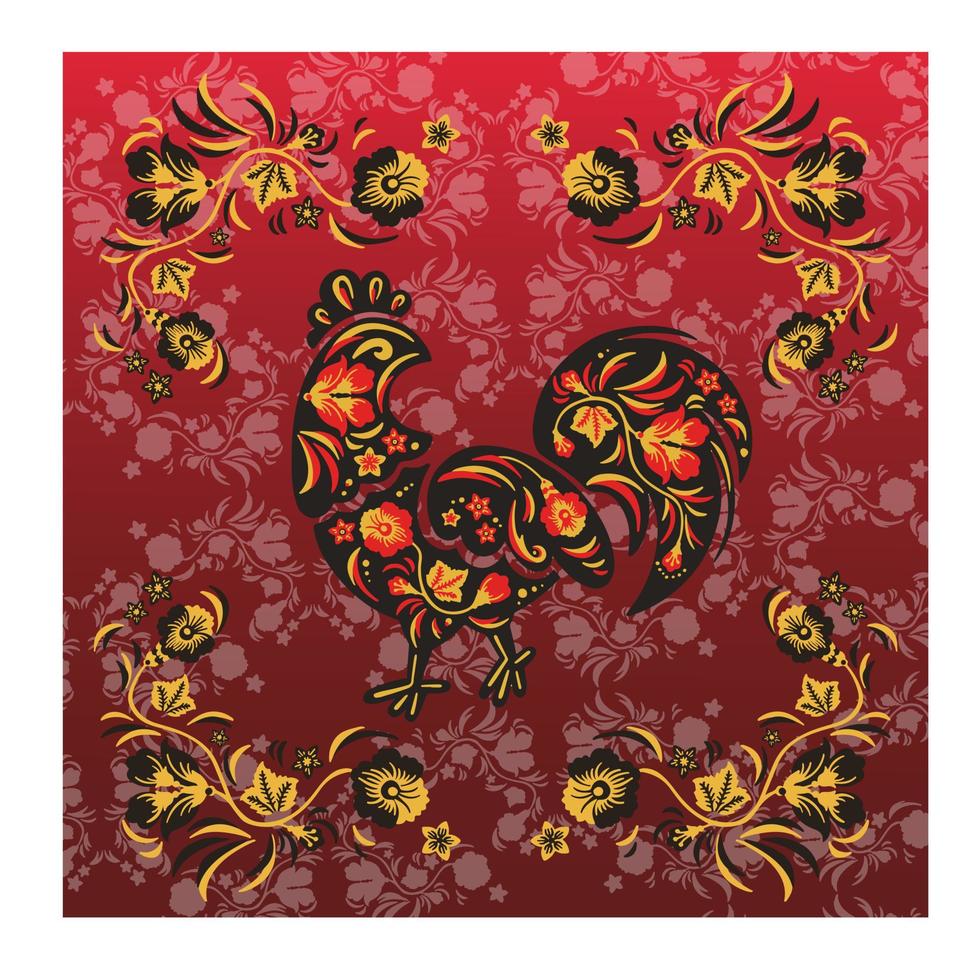 Banner rooster, kura symbol in the style of Khokhloma painting, ethno, vector