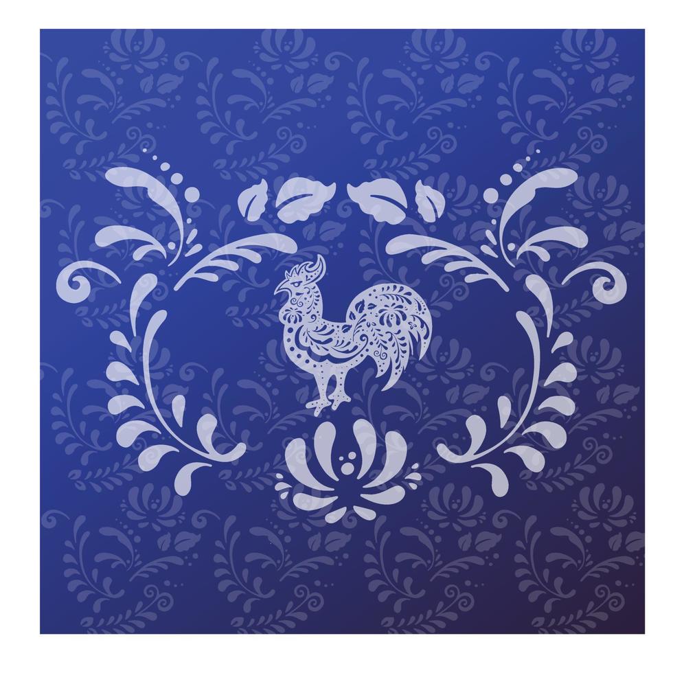 Greeting card with rooster, chicken in gzhel style and vector