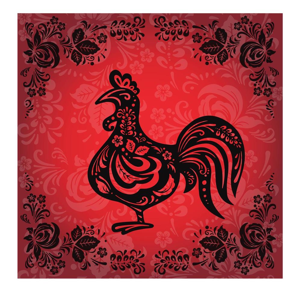 gallo boho étnico negro, kura en el fondo de una bandera roja vector