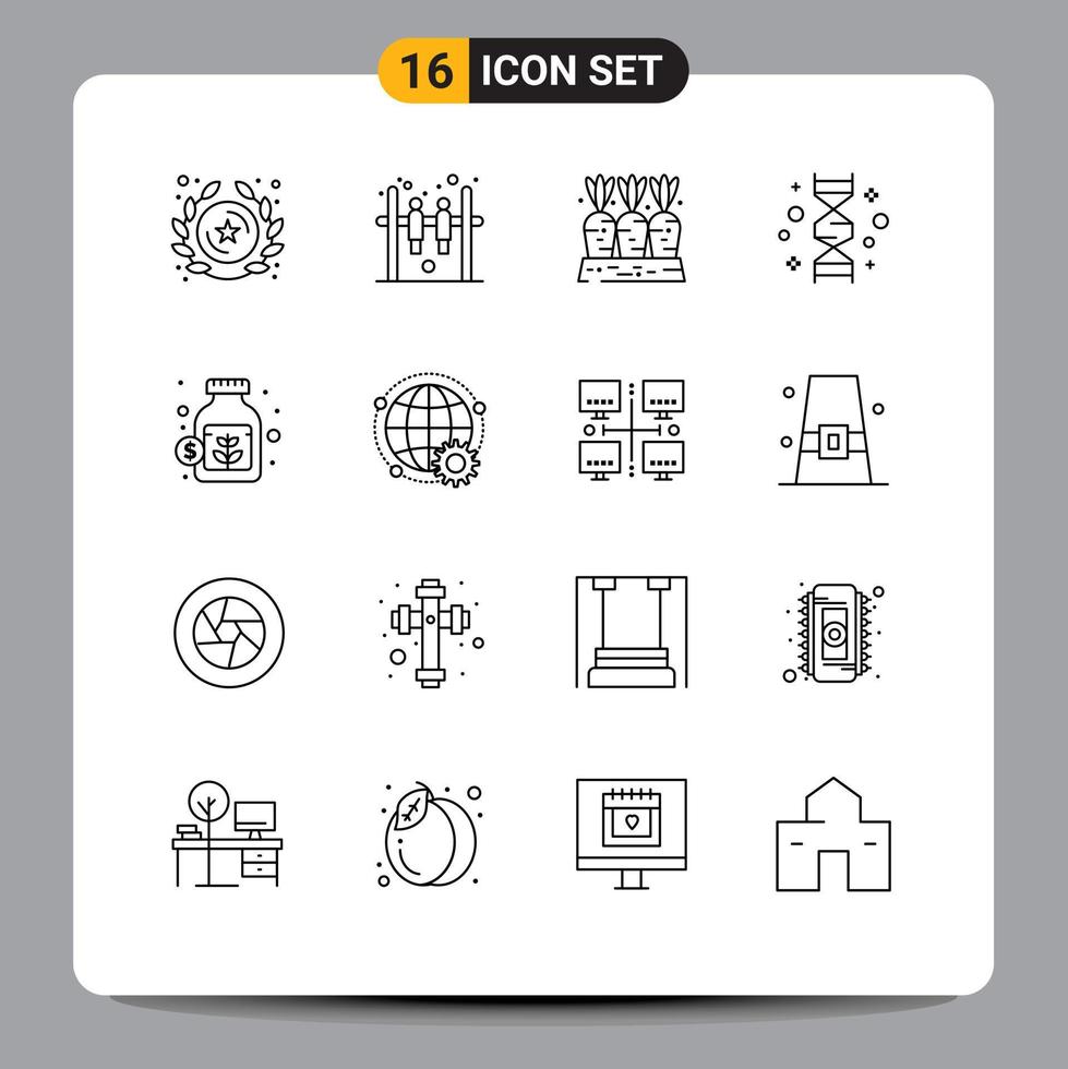 Set of 16 Modern UI Icons Symbols Signs for currency genetic carrot gene chromosome Editable Vector Design Elements