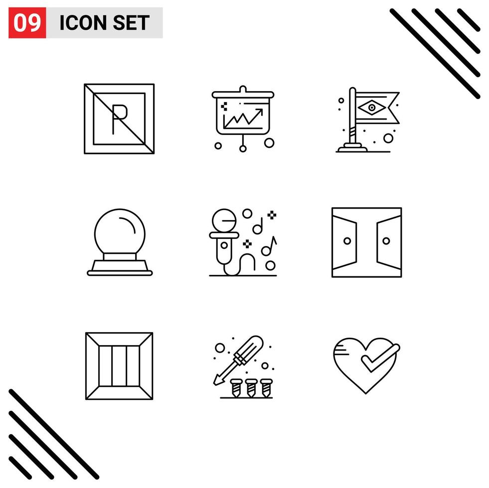 Universal Icon Symbols Group of 9 Modern Outlines of microphone magic ball economics decoration flag Editable Vector Design Elements