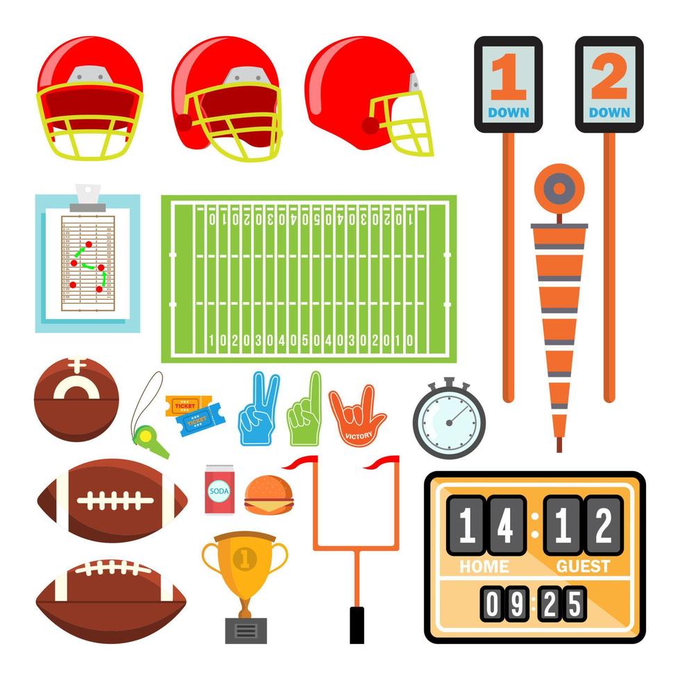 American Football Icons Set Vector. American Football Accessories. Helmet, Ball, Cup, Field. Isolated Flat Cartoon Illustration vector