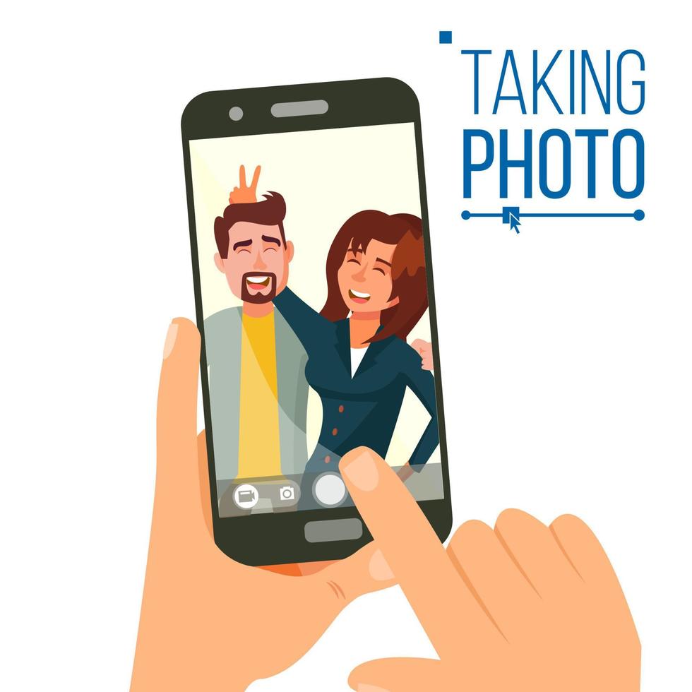 Taking Photo On Smartphone Vector. Smiling Friends Taking Selfie. People Posing. Hand Holding Smartphone. Friendship Concept. Isolated Flat Cartoon Illustration vector
