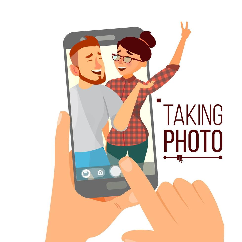 Taking Photo On Smartphone Vector. Smiling People. Modern Friends Taking Vertical Selfie. Hand Holding Smartphone. Camera Viewfinder. Friendship Concept. Isolated Flat Cartoon Illustration vector