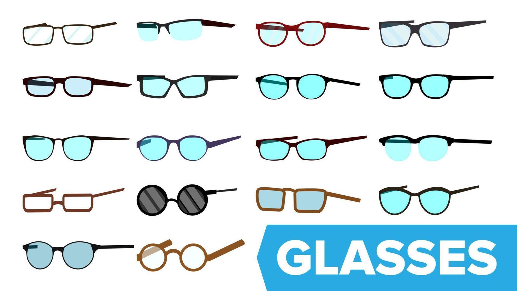 Glasses Set Vector. Modern Glasses Icon. Different Eyewear Types. Eyeglasses With Frame. Blue Lense. Flat Cartoon Isolated Illustration vector
