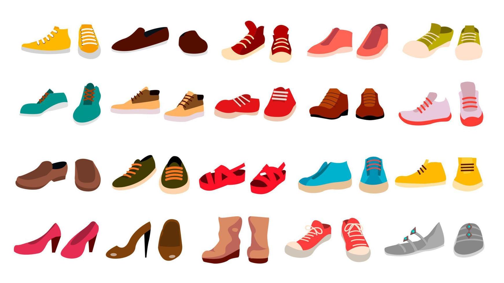 Footwear Set Vector. Stylish Shoes. For Man And Woman. Sandals. Different Seasons. Design Element. Flat Cartoon Isolated Illustration vector