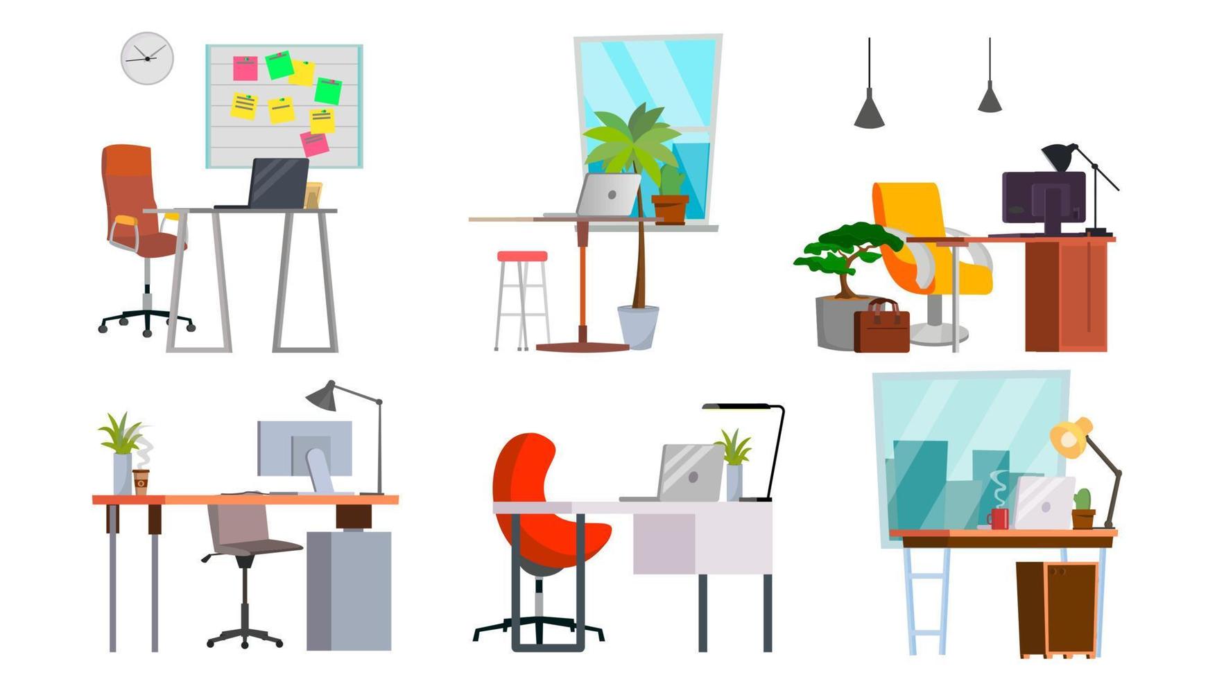 Office Workplace Set Vector. Interior Of The Office Room, Creative Developer Studio. PC, Computer, Laptop, Table, Chair. Isolated Flat Illustration vector